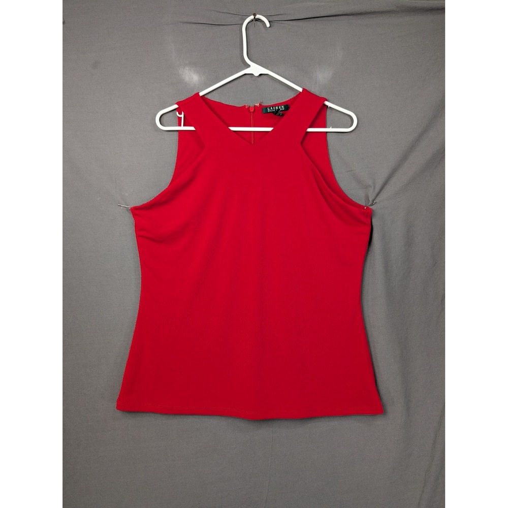 Lauren Ralph Lauren Red Sleeveless V-Neck Blouse XL Stretch Shell Zip Back 7726